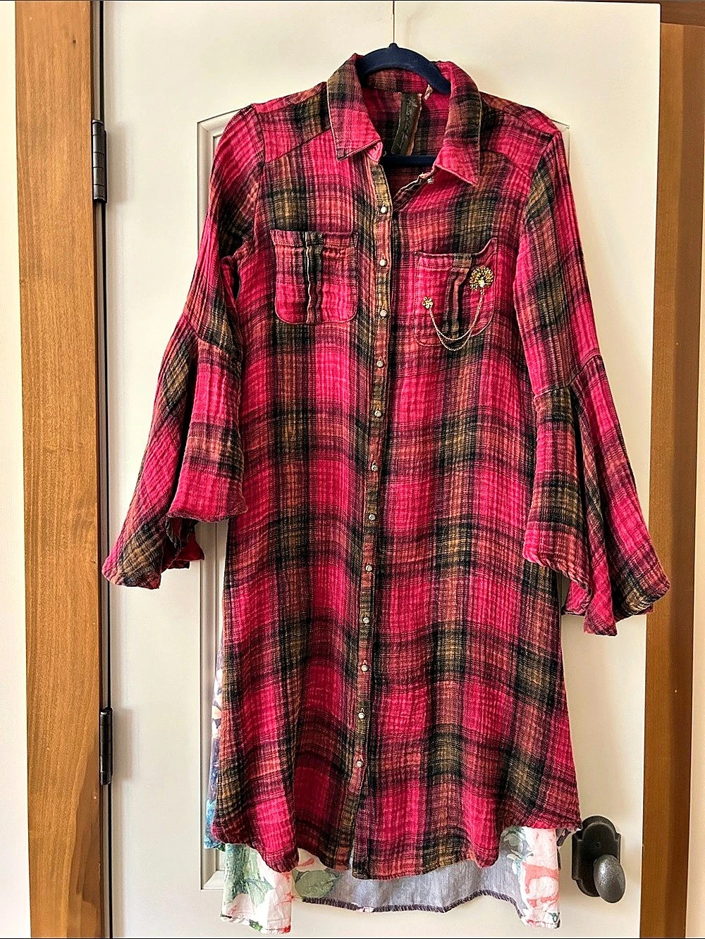 Aratta Silent Journey Plaid Bell Sleeve Button-down Anna Dress Duster Size Small